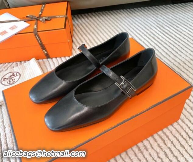 Shop Cheap Hermes Mary Jane Ballet Flat in Calfskin with Hapi Buckle Black 1008142