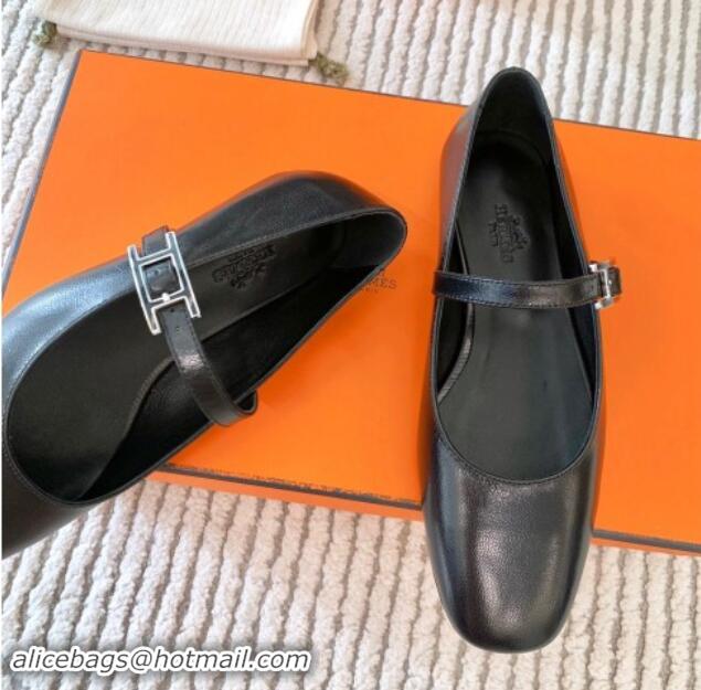 Shop Cheap Hermes Mary Jane Ballet Flat in Calfskin with Hapi Buckle Black 1008142