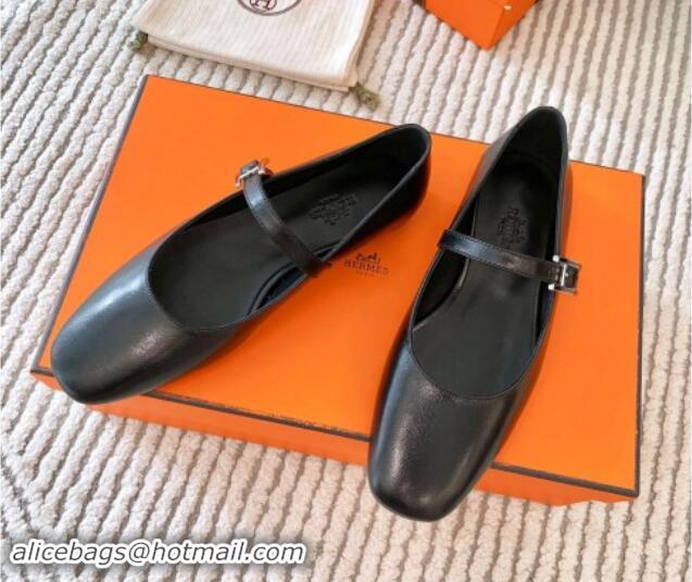 Shop Cheap Hermes Mary Jane Ballet Flat in Calfskin with Hapi Buckle Black 1008142