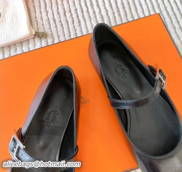 Shop Cheap Hermes Mary Jane Ballet Flat in Calfskin with Hapi Buckle Black 1008142