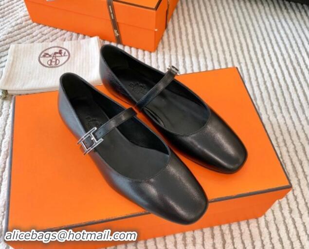 Shop Cheap Hermes Mary Jane Ballet Flat in Calfskin with Hapi Buckle Black 1008142