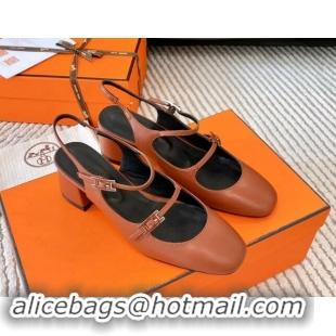 Best Price Hermes Jackie Slingback Pumps 5cm in Calfskin with H Buckle Brown 1008143