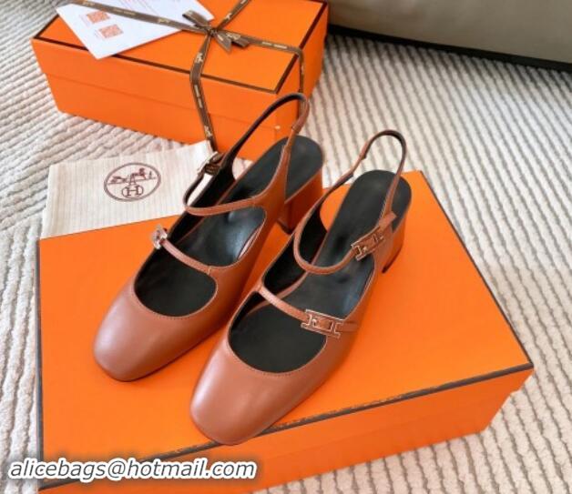 Best Price Hermes Jackie Slingback Pumps 5cm in Calfskin with H Buckle Brown 1008143