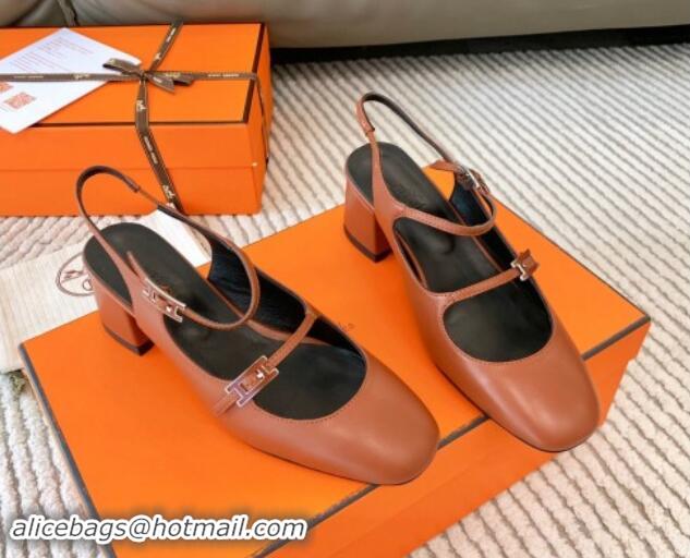 Best Price Hermes Jackie Slingback Pumps 5cm in Calfskin with H Buckle Brown 1008143