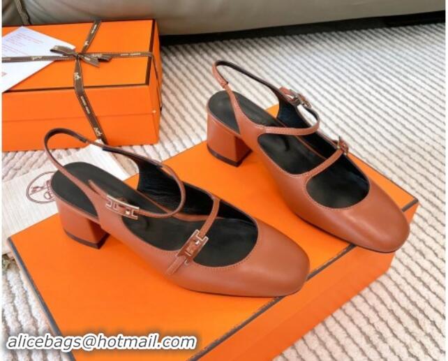 Best Price Hermes Jackie Slingback Pumps 5cm in Calfskin with H Buckle Brown 1008143