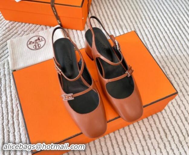 Best Price Hermes Jackie Slingback Pumps 5cm in Calfskin with H Buckle Brown 1008143