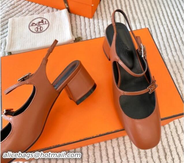 Best Price Hermes Jackie Slingback Pumps 5cm in Calfskin with H Buckle Brown 1008143