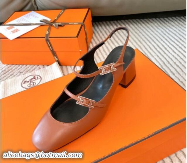 Best Price Hermes Jackie Slingback Pumps 5cm in Calfskin with H Buckle Brown 1008143