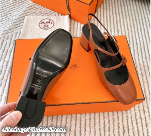 Best Price Hermes Jackie Slingback Pumps 5cm in Calfskin with H Buckle Brown 1008143