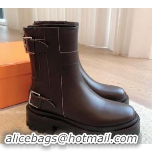 Best Product Hermes Jaimy Ankle Boots in Calfskin with Double Buckle Dark Brown 1008144