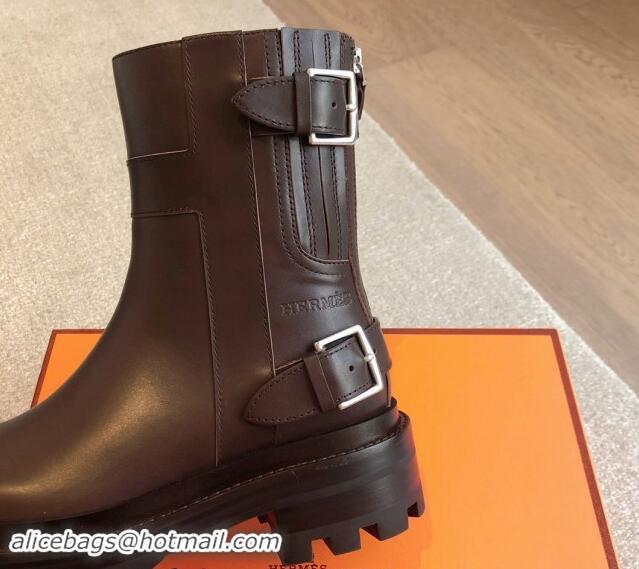 Best Product Hermes Jaimy Ankle Boots in Calfskin with Double Buckle Dark Brown 1008144