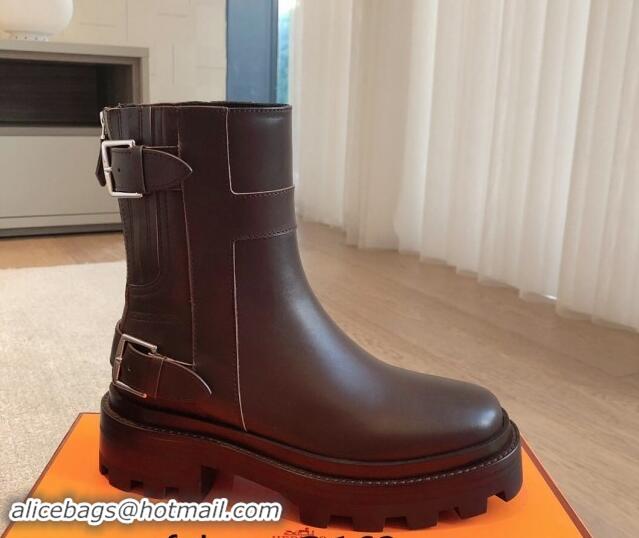 Best Product Hermes Jaimy Ankle Boots in Calfskin with Double Buckle Dark Brown 1008144