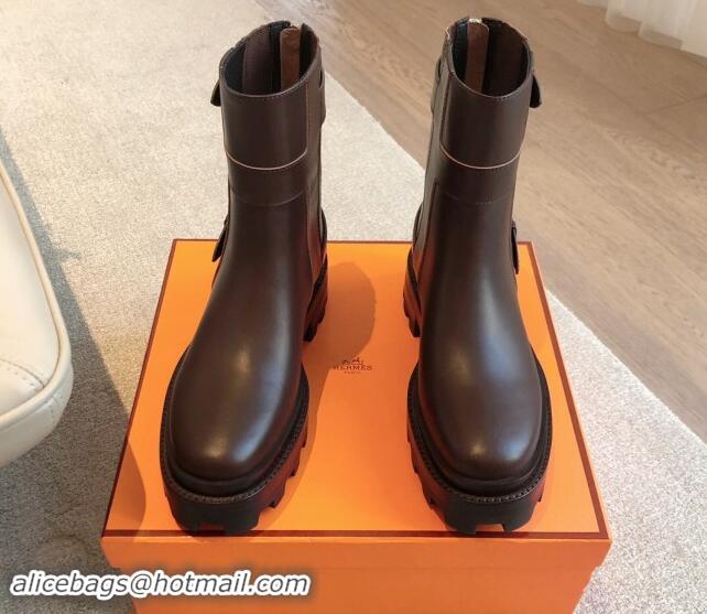 Best Product Hermes Jaimy Ankle Boots in Calfskin with Double Buckle Dark Brown 1008144