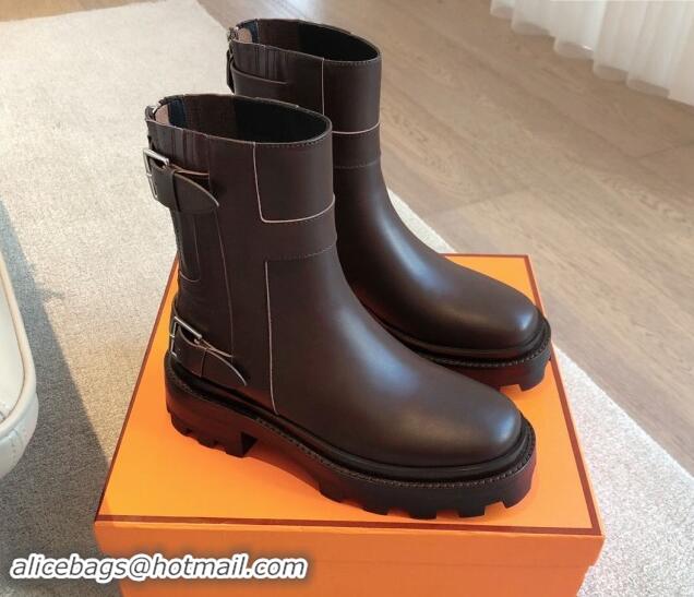 Best Product Hermes Jaimy Ankle Boots in Calfskin with Double Buckle Dark Brown 1008144