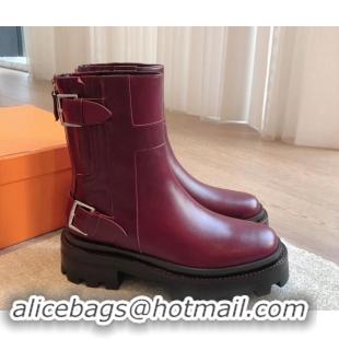 Perfect Hermes Jaimy Ankle Boots in Calfskin with Double Buckle Burgundy 100814