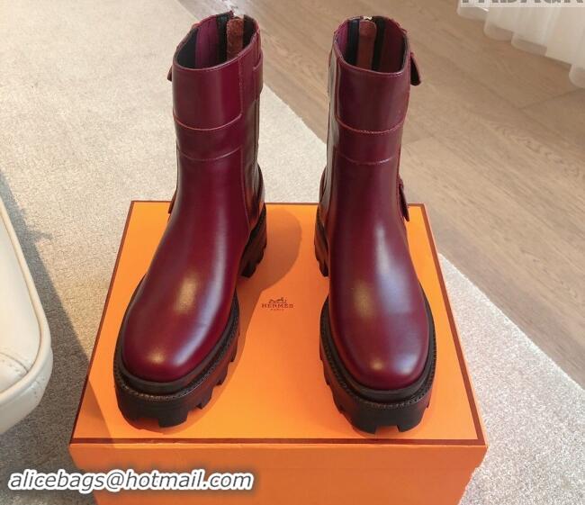 Perfect Hermes Jaimy Ankle Boots in Calfskin with Double Buckle Burgundy 100814