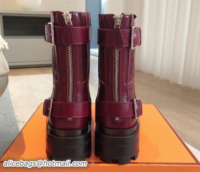 Perfect Hermes Jaimy Ankle Boots in Calfskin with Double Buckle Burgundy 100814