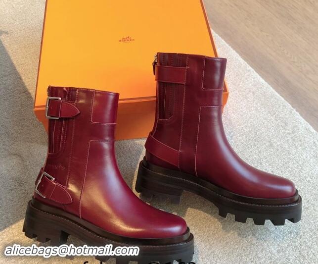 Perfect Hermes Jaimy Ankle Boots in Calfskin with Double Buckle Burgundy 100814