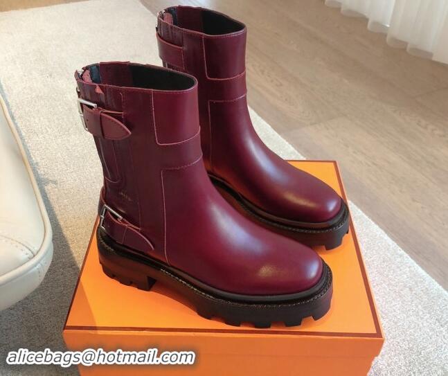 Perfect Hermes Jaimy Ankle Boots in Calfskin with Double Buckle Burgundy 100814