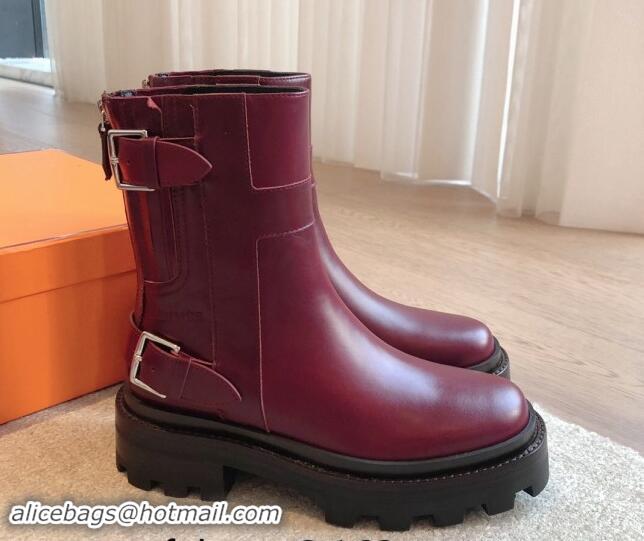 Perfect Hermes Jaimy Ankle Boots in Calfskin with Double Buckle Burgundy 100814