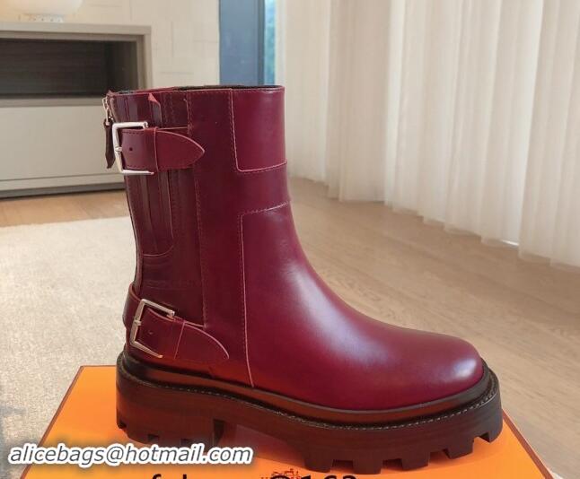 Perfect Hermes Jaimy Ankle Boots in Calfskin with Double Buckle Burgundy 100814