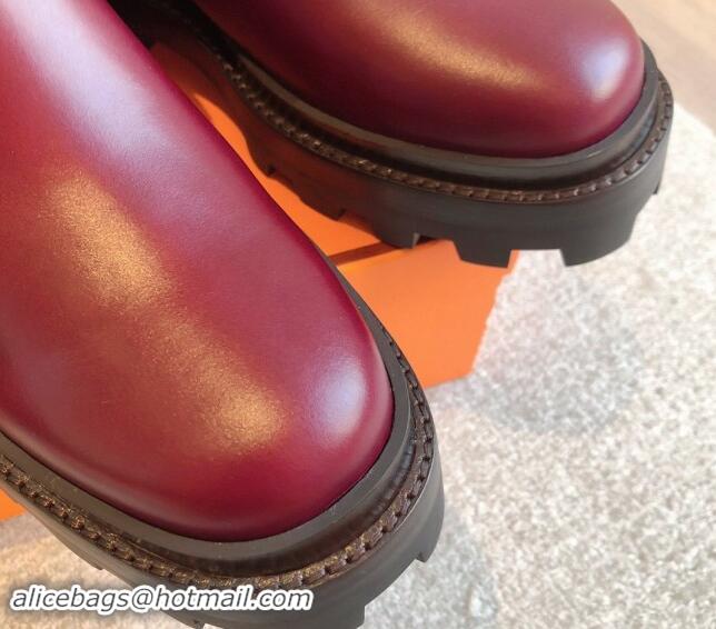 Perfect Hermes Jaimy Ankle Boots in Calfskin with Double Buckle Burgundy 100814