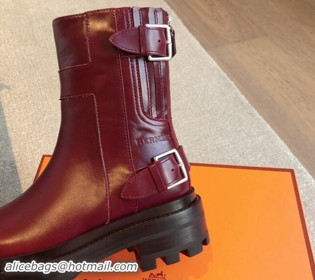 Perfect Hermes Jaimy Ankle Boots in Calfskin with Double Buckle Burgundy 100814