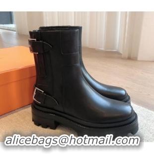 Buy Discount Hermes Jaimy Ankle Boots in Calfskin with Double Buckle Black 1008147