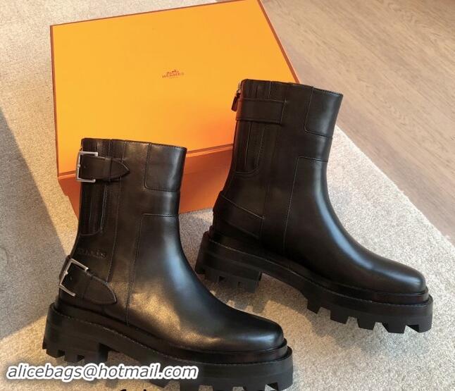 Buy Discount Hermes Jaimy Ankle Boots in Calfskin with Double Buckle Black 1008147