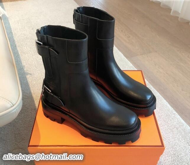 Buy Discount Hermes Jaimy Ankle Boots in Calfskin with Double Buckle Black 1008147