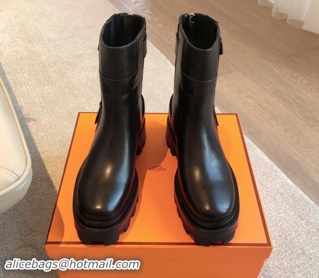 Buy Discount Hermes Jaimy Ankle Boots in Calfskin with Double Buckle Black 1008147