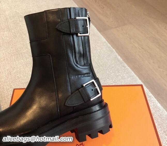 Buy Discount Hermes Jaimy Ankle Boots in Calfskin with Double Buckle Black 1008147