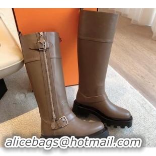 Big Discount Hermes Jaimy High Biker Boots in Calfskin with Buckle and Zip Grey 1008148