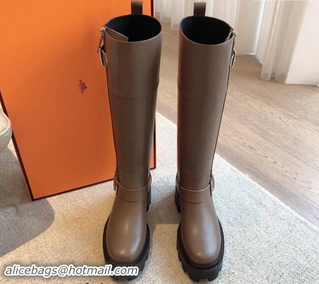 Big Discount Hermes Jaimy High Biker Boots in Calfskin with Buckle and Zip Grey 1008148