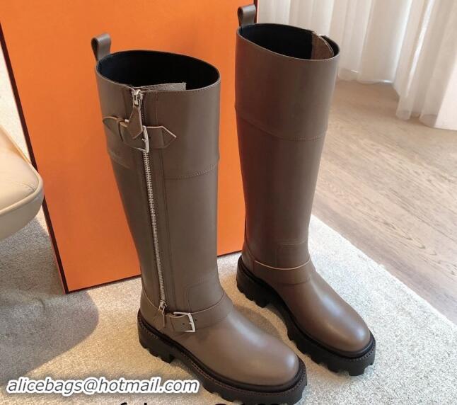 Big Discount Hermes Jaimy High Biker Boots in Calfskin with Buckle and Zip Grey 1008148