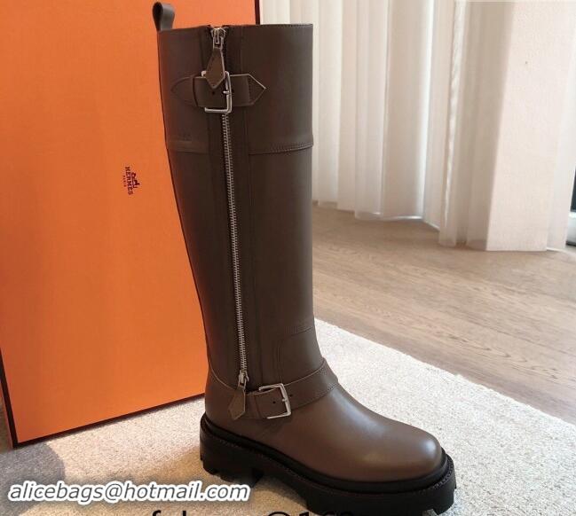 Big Discount Hermes Jaimy High Biker Boots in Calfskin with Buckle and Zip Grey 1008148