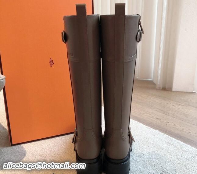 Big Discount Hermes Jaimy High Biker Boots in Calfskin with Buckle and Zip Grey 1008148