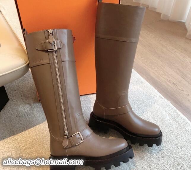 Big Discount Hermes Jaimy High Biker Boots in Calfskin with Buckle and Zip Grey 1008148