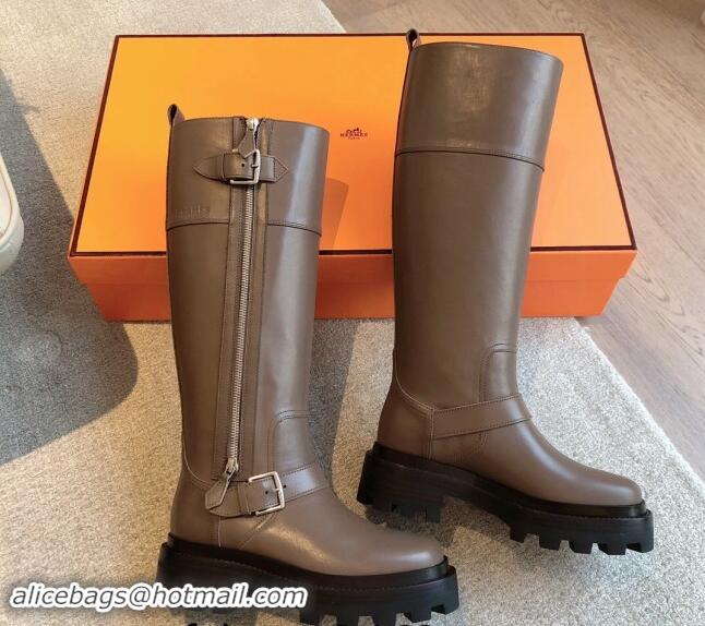 Big Discount Hermes Jaimy High Biker Boots in Calfskin with Buckle and Zip Grey 1008148