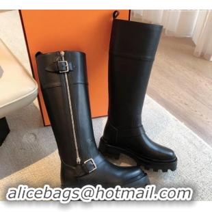 Unique Style Hermes Jaimy High Biker Boots in Calfskin with Buckle and Zip Black 1008149