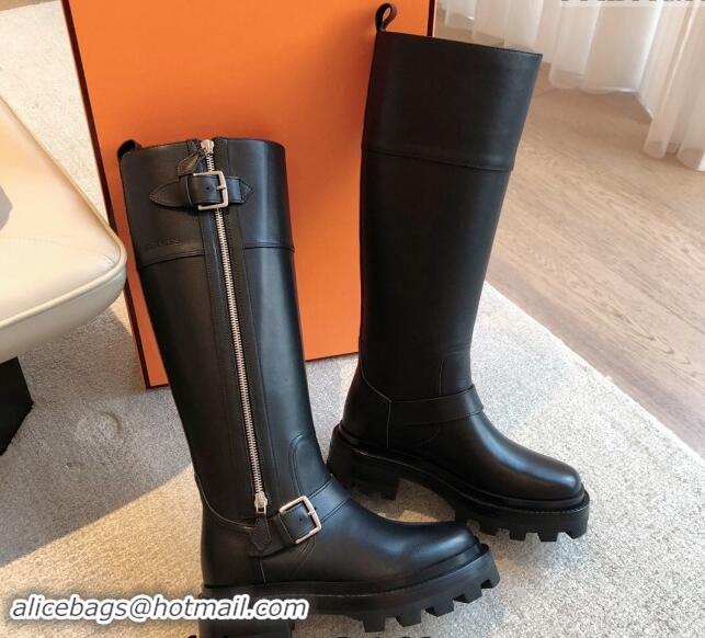 Unique Style Hermes Jaimy High Biker Boots in Calfskin with Buckle and Zip Black 1008149