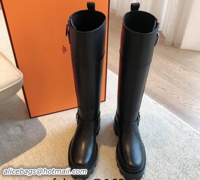 Unique Style Hermes Jaimy High Biker Boots in Calfskin with Buckle and Zip Black 1008149