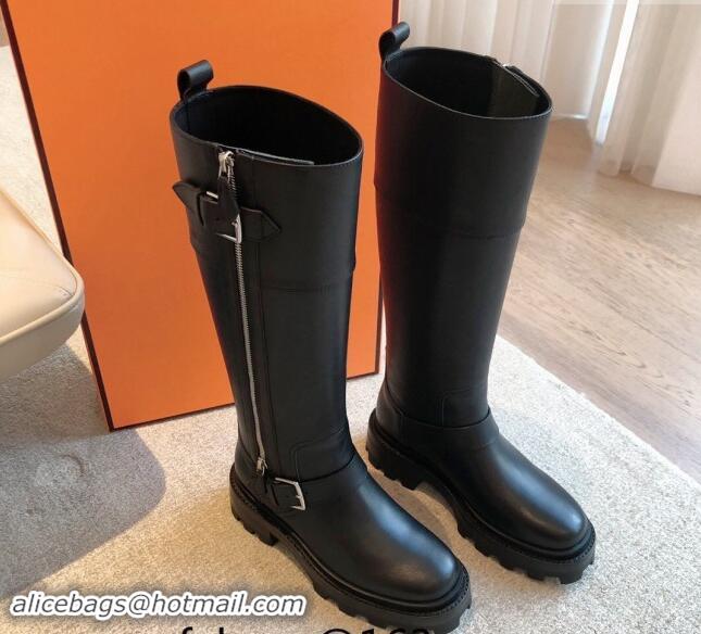 Unique Style Hermes Jaimy High Biker Boots in Calfskin with Buckle and Zip Black 1008149