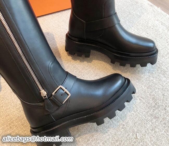 Unique Style Hermes Jaimy High Biker Boots in Calfskin with Buckle and Zip Black 1008149