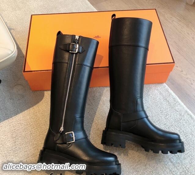 Unique Style Hermes Jaimy High Biker Boots in Calfskin with Buckle and Zip Black 1008149