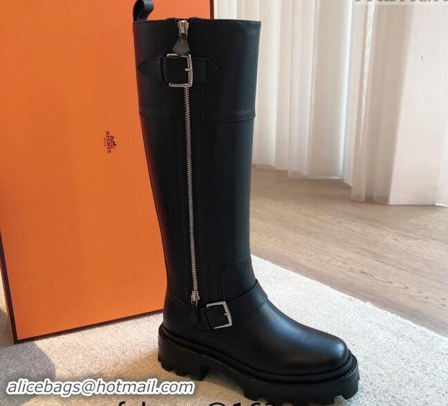 Unique Style Hermes Jaimy High Biker Boots in Calfskin with Buckle and Zip Black 1008149