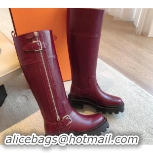 Popular Style Hermes Jaimy High Biker Boots in Calfskin with Buckle and Zip Burgundy 1008150