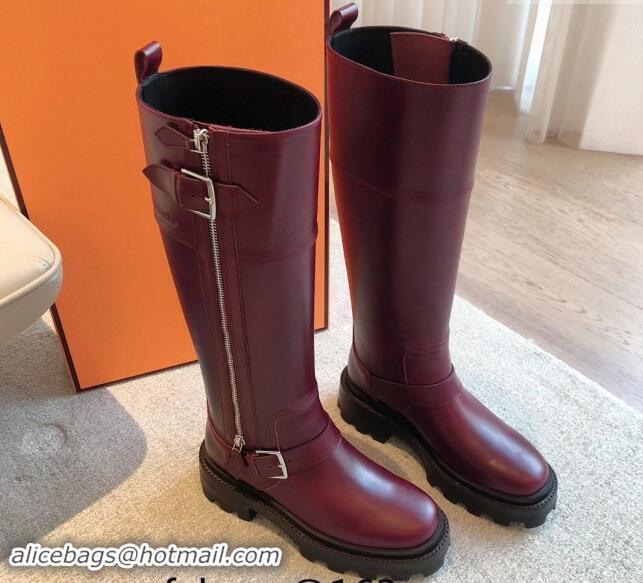 Popular Style Hermes Jaimy High Biker Boots in Calfskin with Buckle and Zip Burgundy 1008150