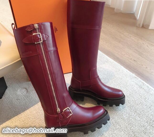 Popular Style Hermes Jaimy High Biker Boots in Calfskin with Buckle and Zip Burgundy 1008150