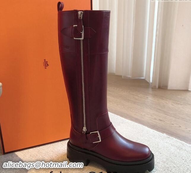 Popular Style Hermes Jaimy High Biker Boots in Calfskin with Buckle and Zip Burgundy 1008150